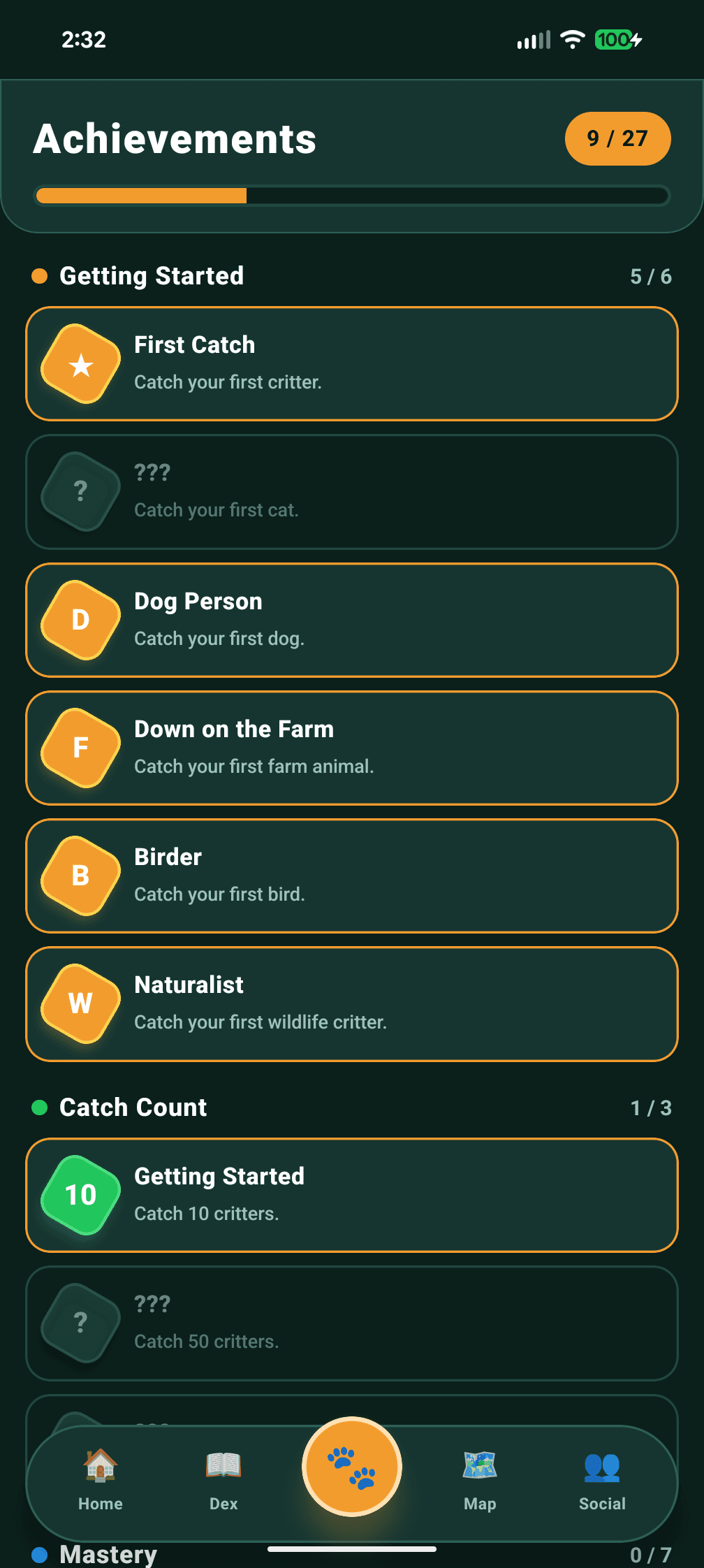 SnapPetz Achievements screen, 27 badges across Getting Started, Catch Count, and Mastery tiers. Two are unlocked before you take your first photo.