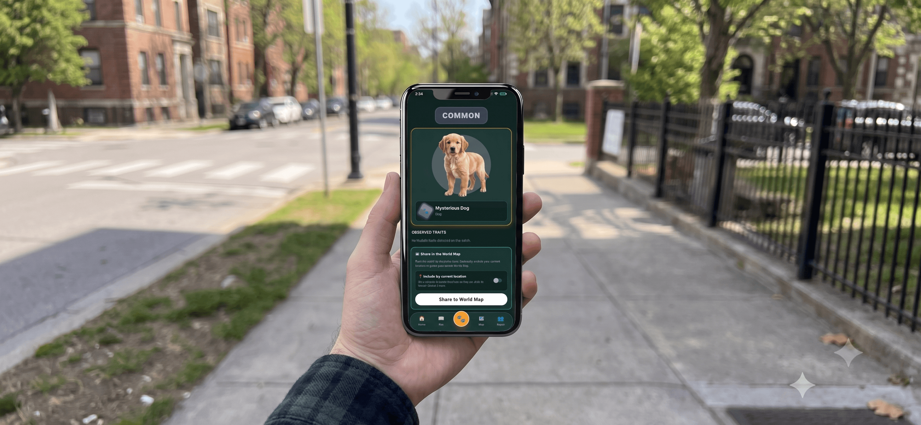 SnapPetz catch-result view, a Common-rarity Mysterious Dog card with breed, traits, and a Share to World Map button.