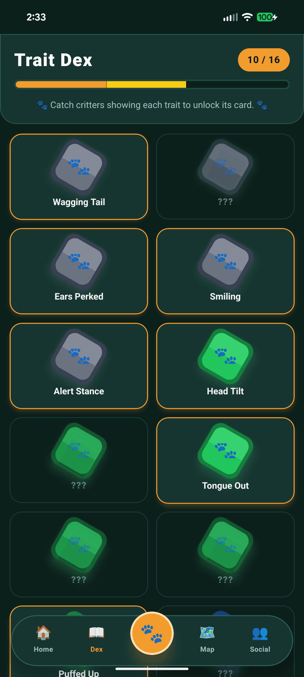SnapPetz Trait Dex screen, 16 observable-behavior cards. Wagging tail, ears perked, smiling, unlock each by catching a critter that shows it.